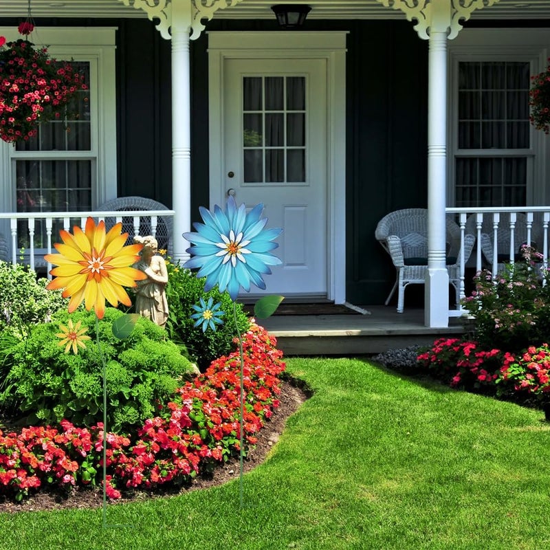 YEAHOME Garden Decor for Outside, 35.4“ Set of 2 Metal Flowers Decorative Garden Stakes for Spring Decor, Yard Art Flower Stakes for Outdoor Lawn Backyard Porch Garden Decorations (Yellow, Blue) - Image 4